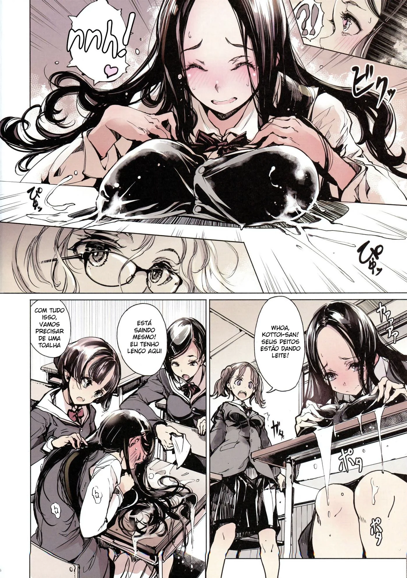 Peituda dando leite na aula: orgia de garotas Hentai HQ