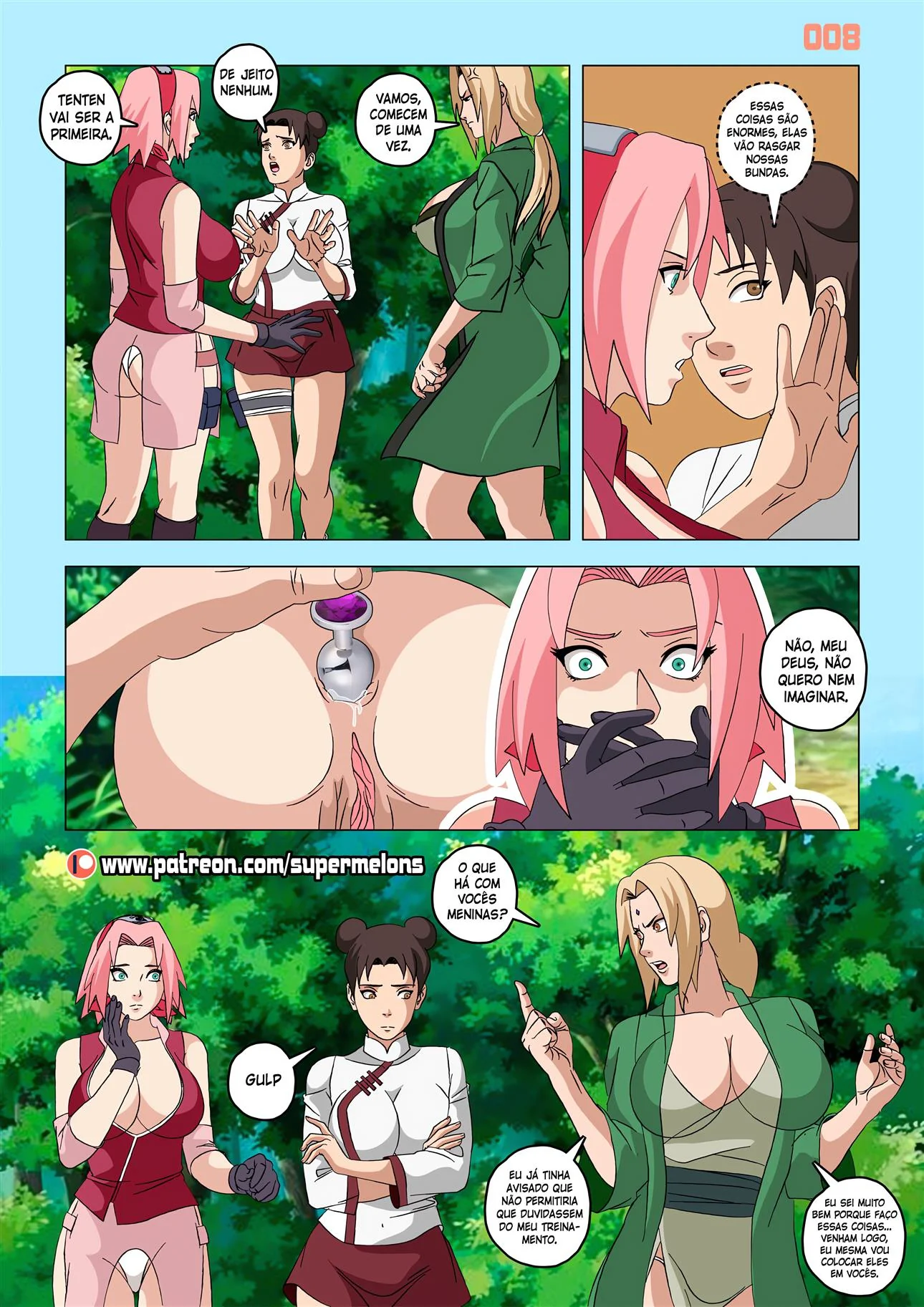Naruto Porno: Treinamento Mortal – Tsunade ensina Sakura a dar a buceta na floresta em hentai HQ Brasileiro
