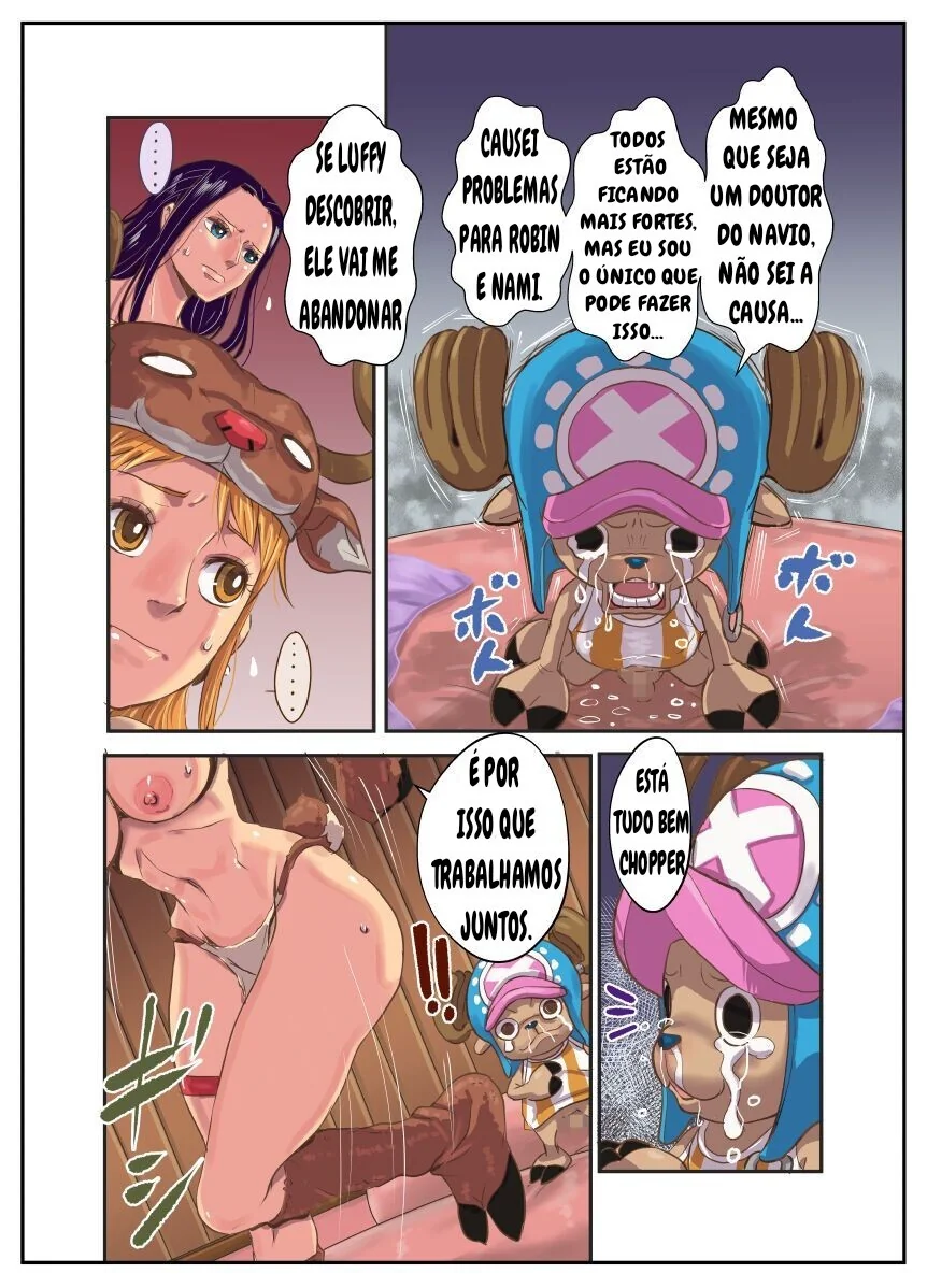 Chopper no Cio: Piranha Nami e Nico Robin socando a buceta no pau dele em One Piece Hentai HQ Brasileiro