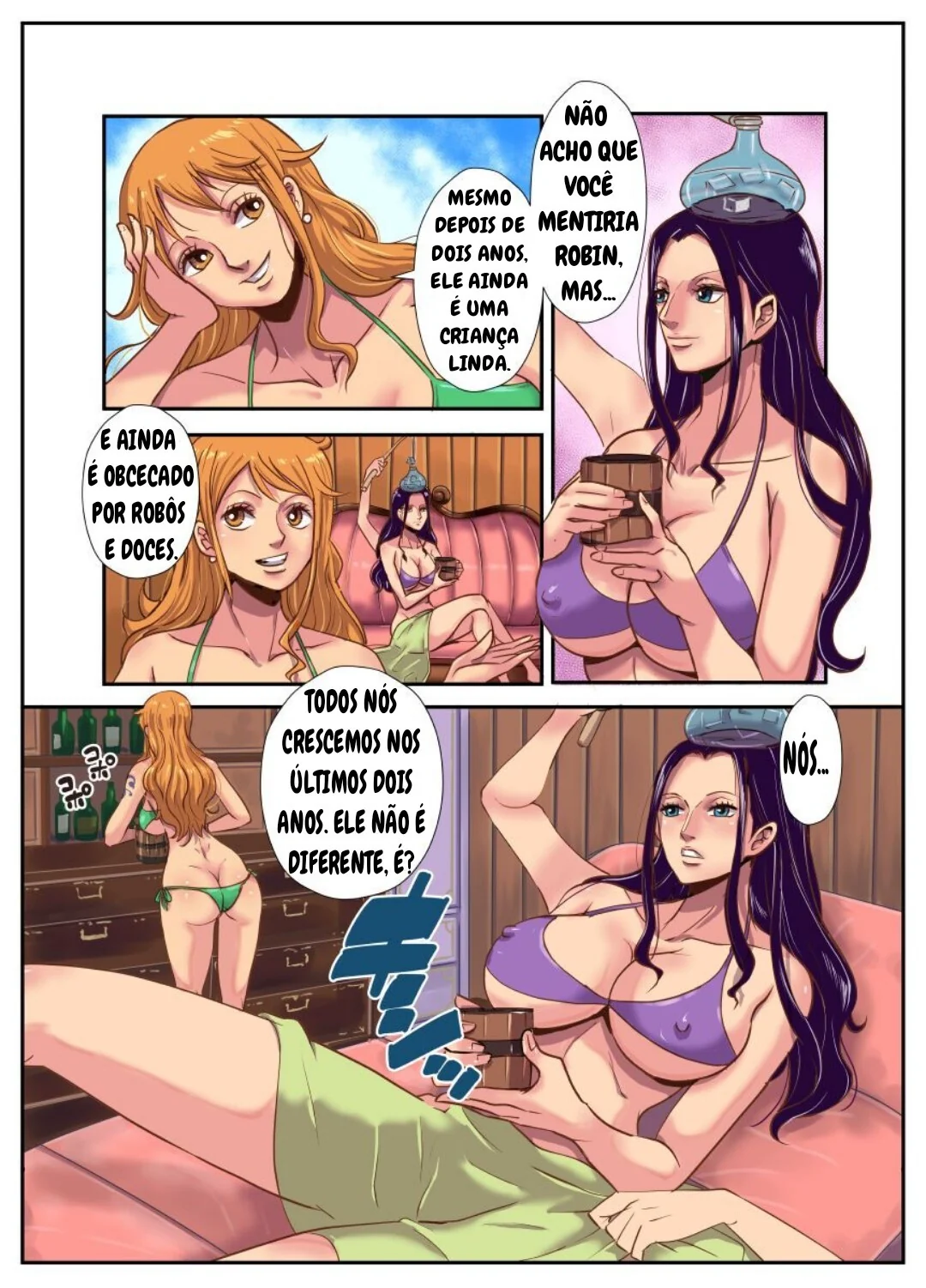 Chopper no Cio: Piranha Nami e Nico Robin socando a buceta no pau dele em One Piece Hentai HQ Brasileiro