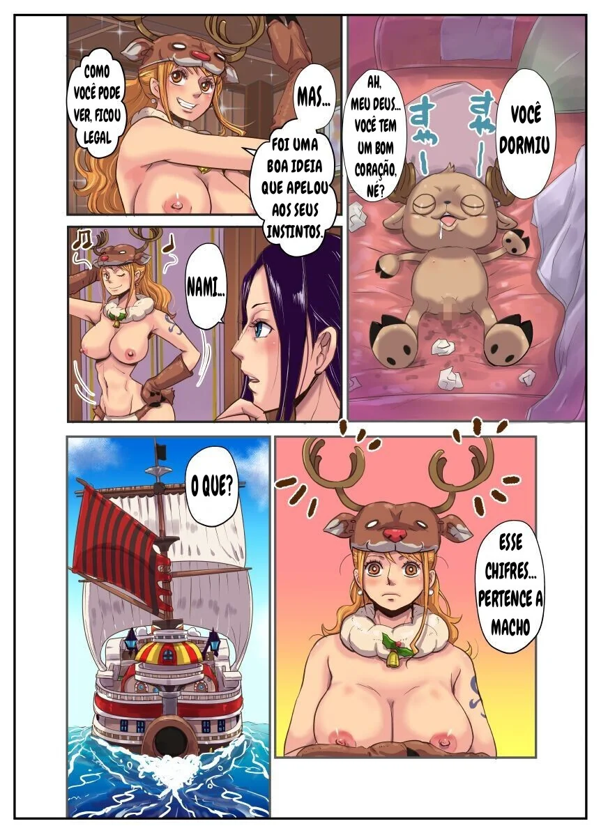 Chopper no Cio: Piranha Nami e Nico Robin socando a buceta no pau dele em One Piece Hentai HQ Brasileiro