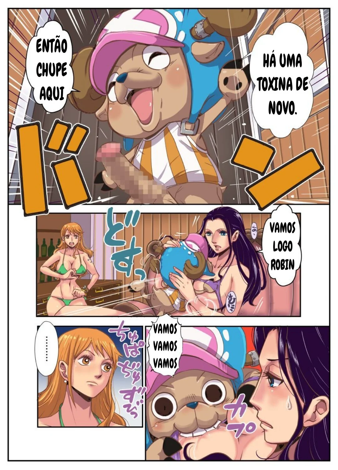 Chopper no Cio: Piranha Nami e Nico Robin socando a buceta no pau dele em One Piece Hentai HQ Brasileiro