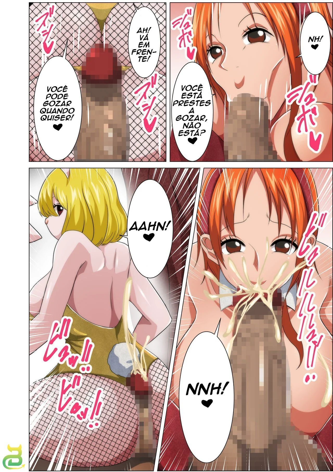 One Piece: Serviço de Coelhinha – Nami e Carrot chupando muita piroca em Hentai HQ Brasileiro
