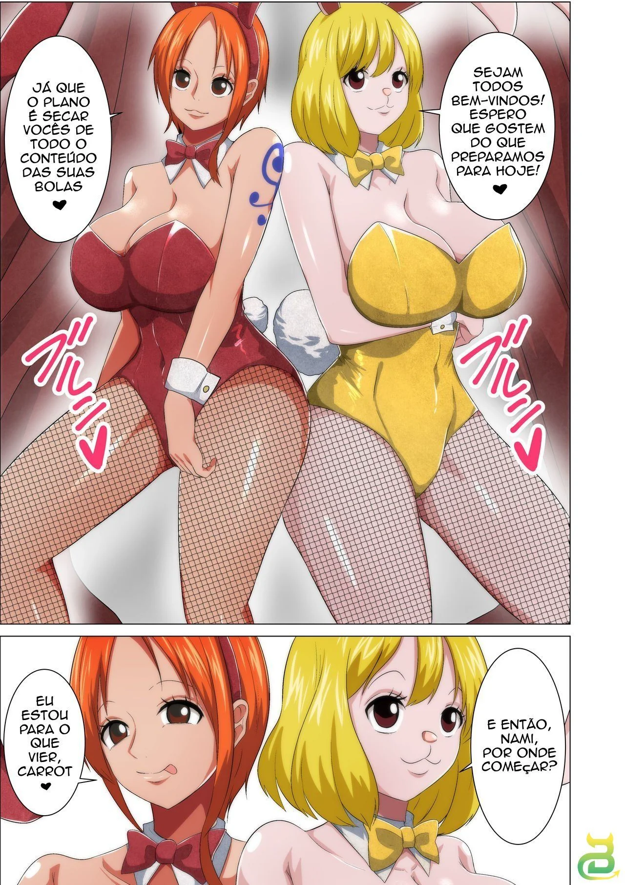 One Piece: Serviço de Coelhinha – Nami e Carrot chupando muita piroca em Hentai HQ Brasileiro