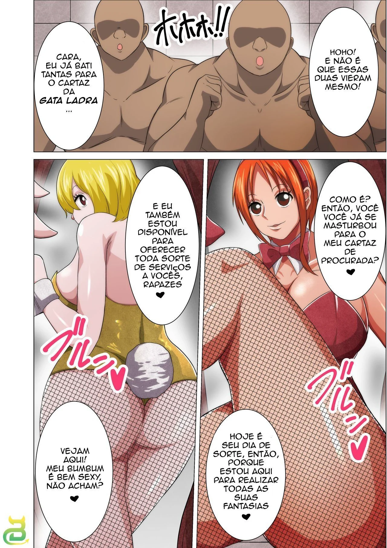 One Piece: Serviço de Coelhinha – Nami e Carrot chupando muita piroca em Hentai HQ Brasileiro