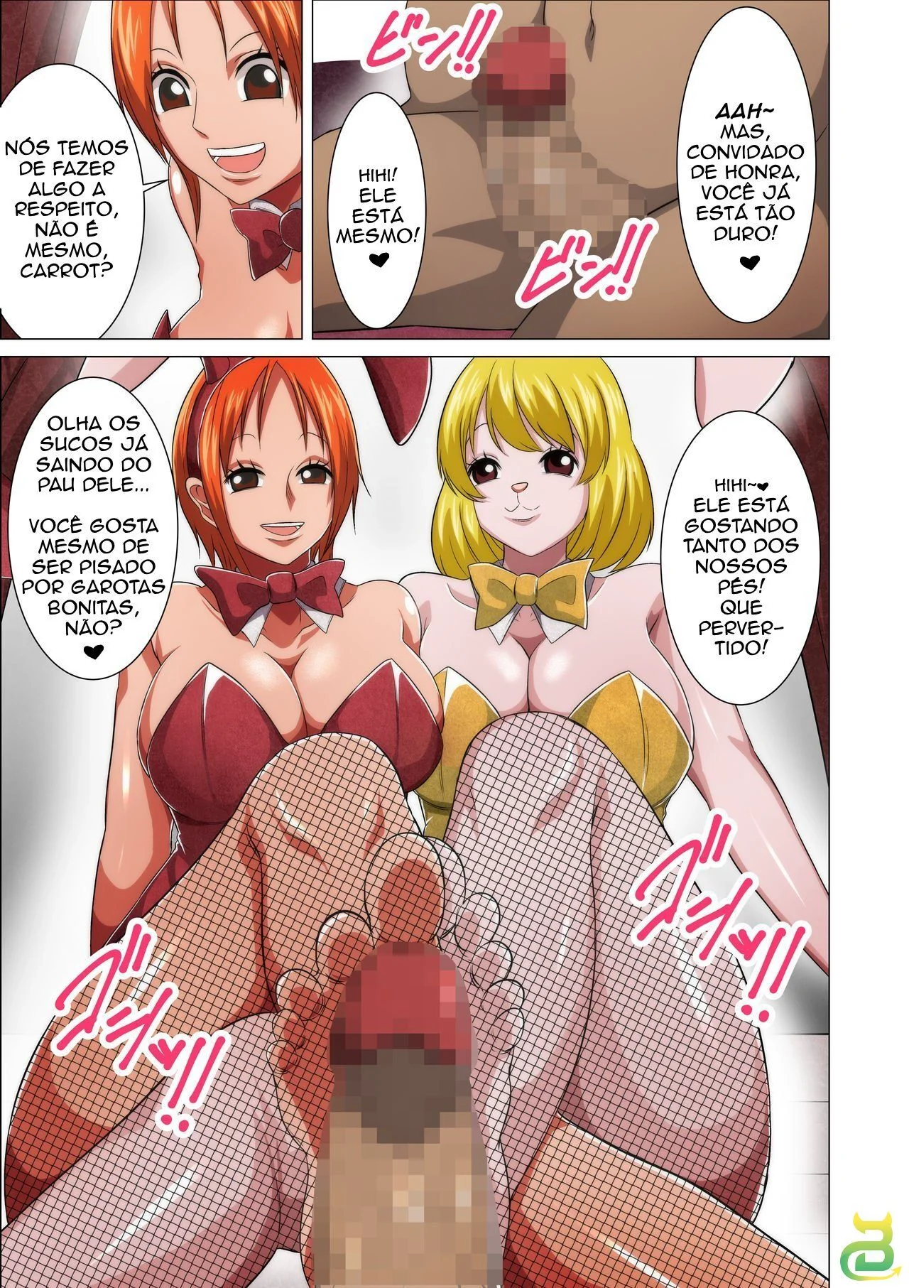 One Piece: Serviço de Coelhinha – Nami e Carrot chupando muita piroca em Hentai HQ Brasileiro