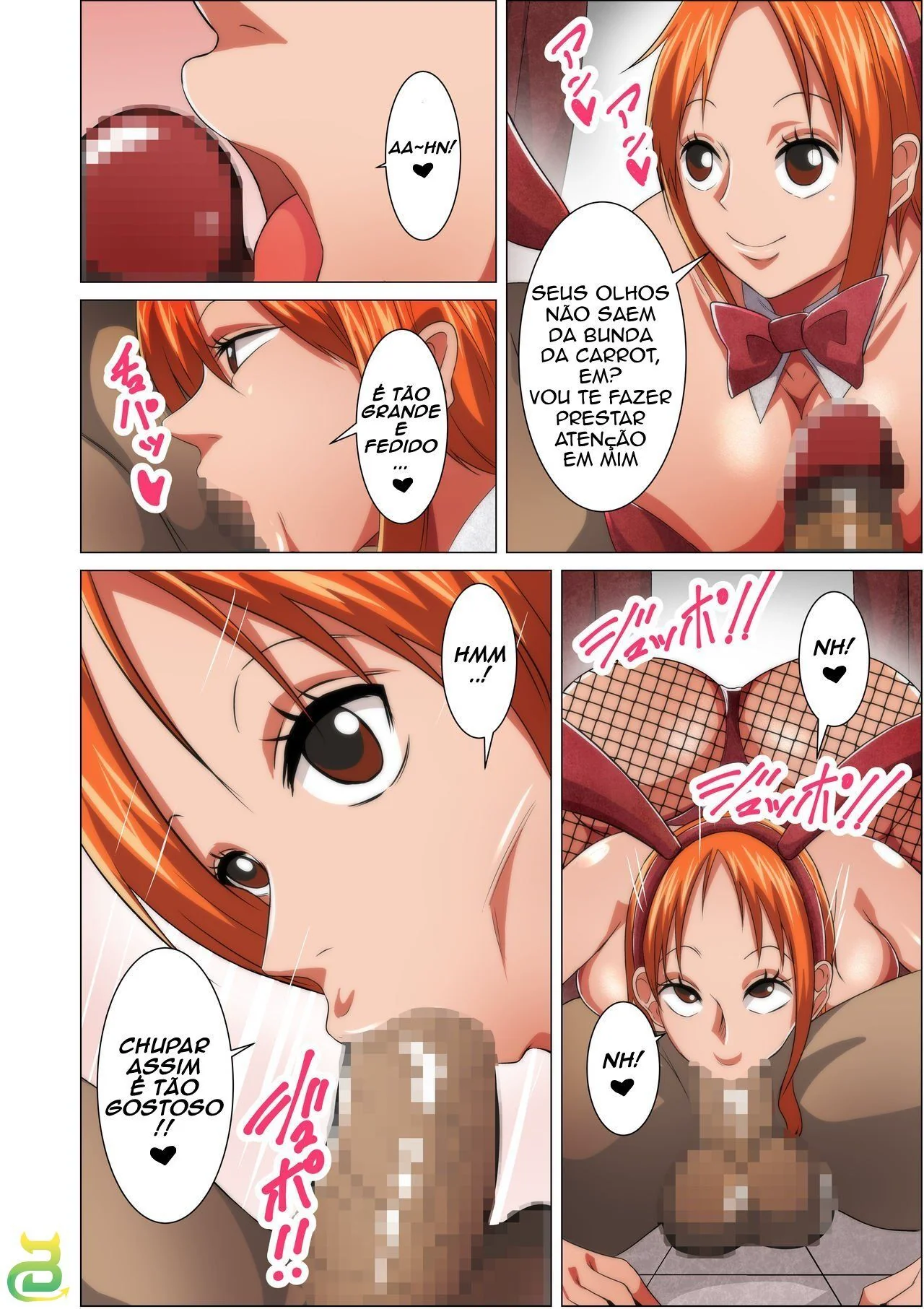 One Piece: Serviço de Coelhinha – Nami e Carrot chupando muita piroca em Hentai HQ Brasileiro