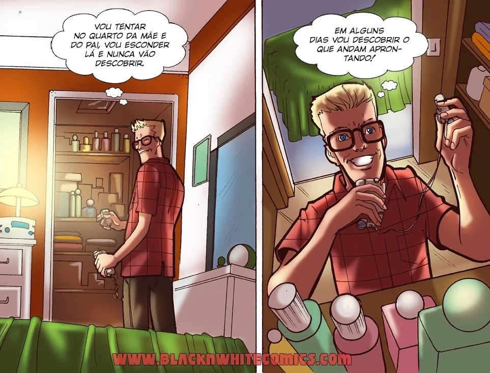 Nerd safado grava putaria no quarto dos pais com câmera espiã em hentai de incesto