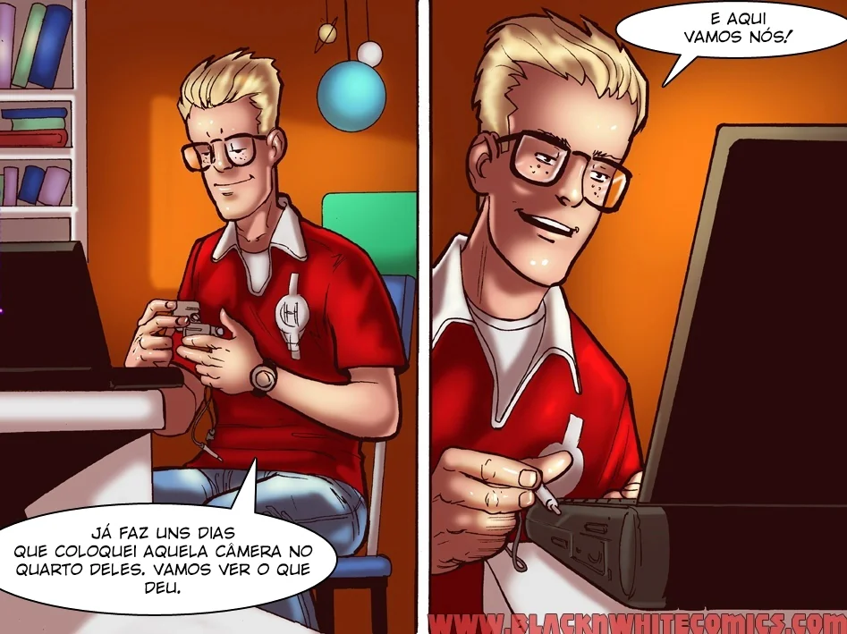 Nerd safado grava putaria no quarto dos pais com câmera espiã em hentai de incesto